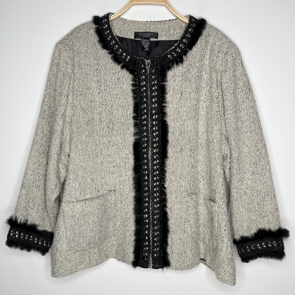 Silkland Woman 3X‎ Tweed Jacket Faux Fur Trim Embellished Career Elegant Coat